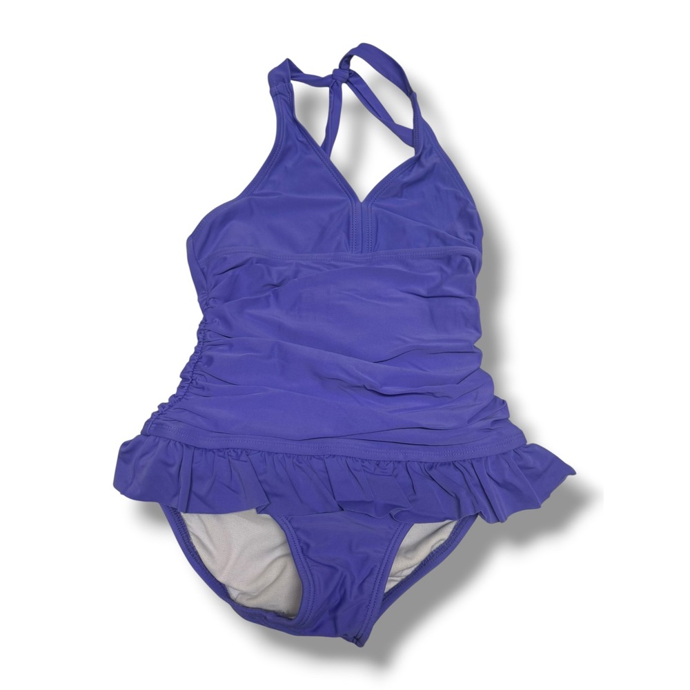 Xhilaration Purple Ruffle One Piece Swimsuit Girl M 7/8 Ruched Halter Swim Dress